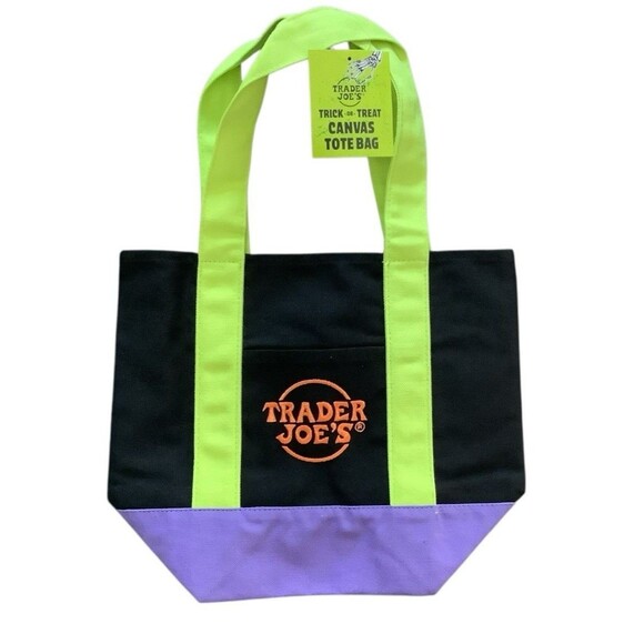 Trader Joe's Halloween Canvas Mini Tote Bag Multi-color BLACK PURPLE GREEN - Picture 1 of 4